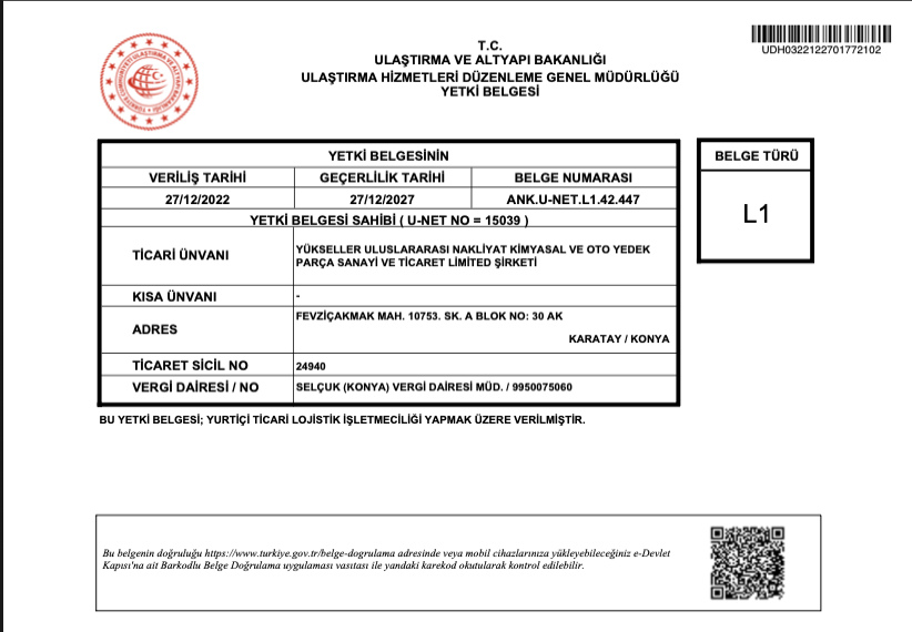 L1 Authorisation Certificate